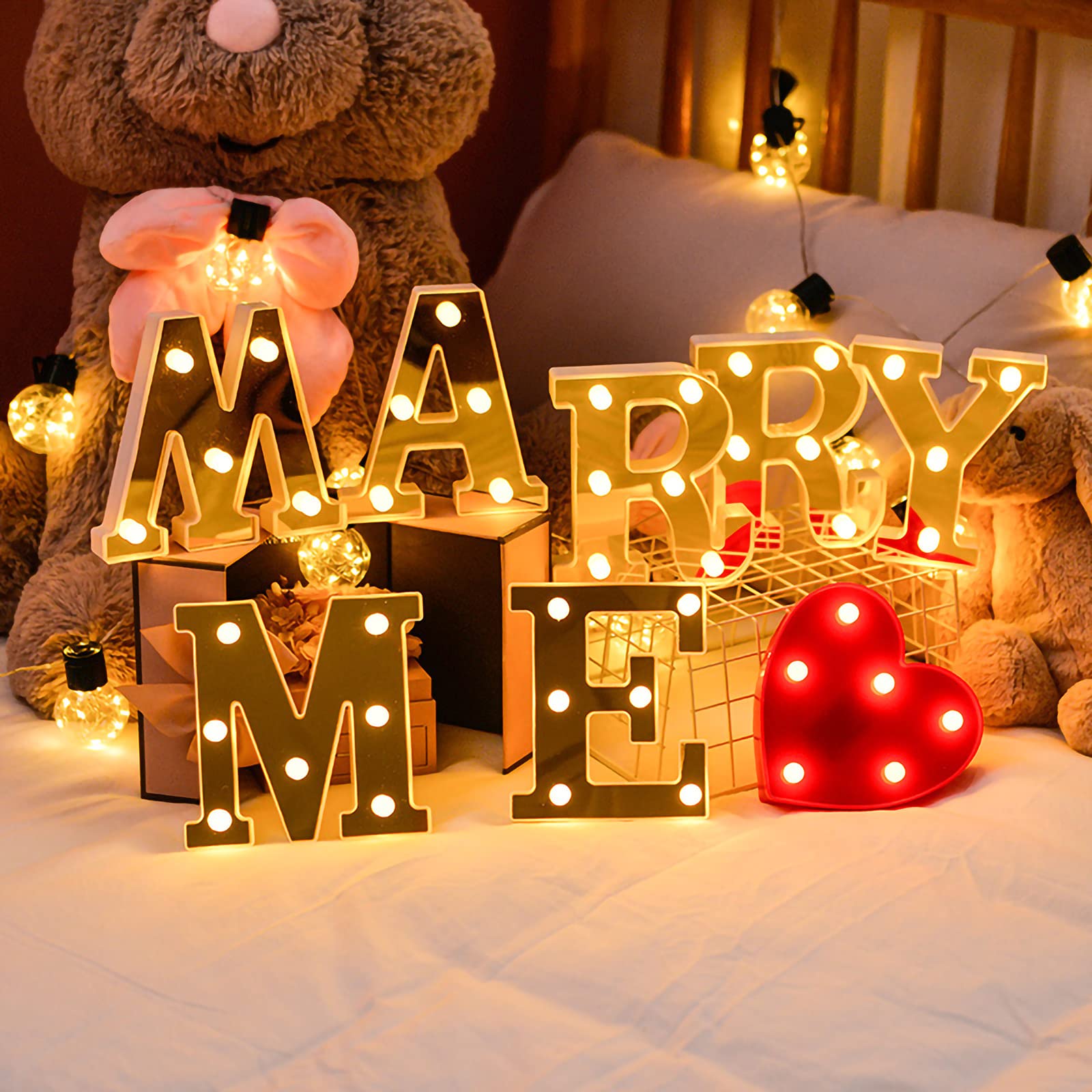 Marry Me - 7 lettere decorative a LED, con funzionamento a batteria, per decorazione romantica della casa, matrimonio, proposta di matrimonio, fidanzamento, compleanno, festa di compleanno