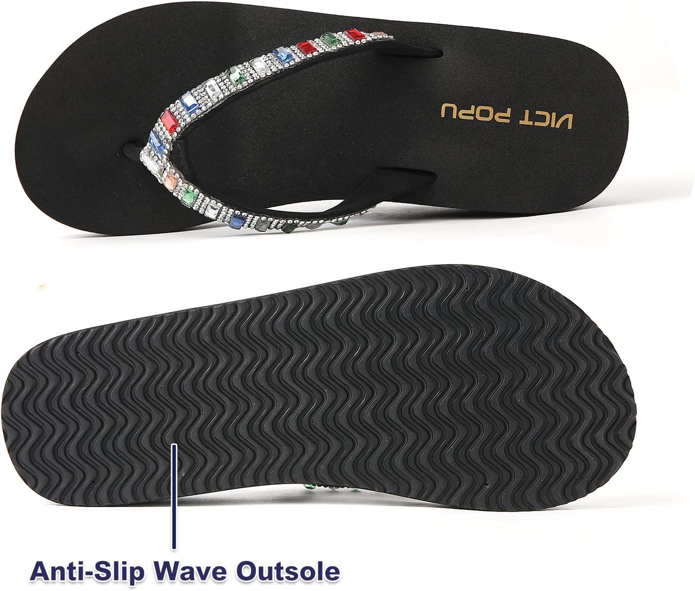 VICT POPU Flip Flops Sandals for Women Bling Rhinestones Jewel High Heel Arch Support Comfortable Soft Cushion Wedge Slip-on Casual Platform Summer Thong Sandals - Image 4