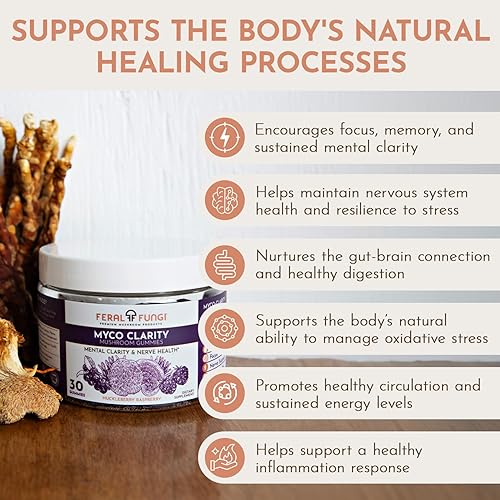 Miniatura 4 de Feral Fungi Gomitas de hongos Myco-Clarity - Melena de león, Reishi y Cordyceps - Apoyo al cerebro y la concentración - 100% cuerpo fructífero -