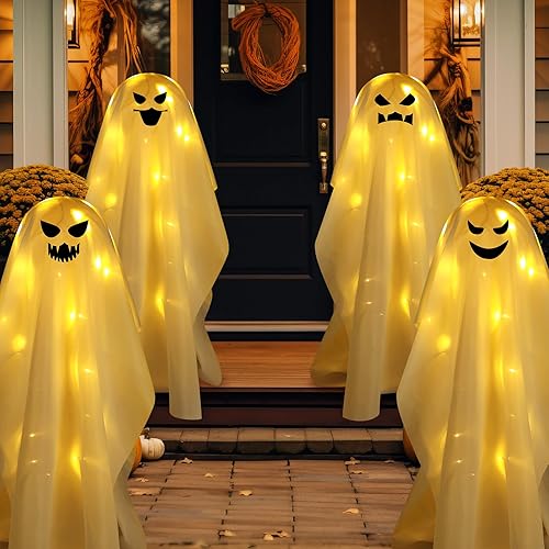 Miniatura 4 de Poen 4 fantasmas grandes de tela blanca iluminados para Halloween, fantasmas gigantes lindos con cadena de luces LED, iluminan fiestas de