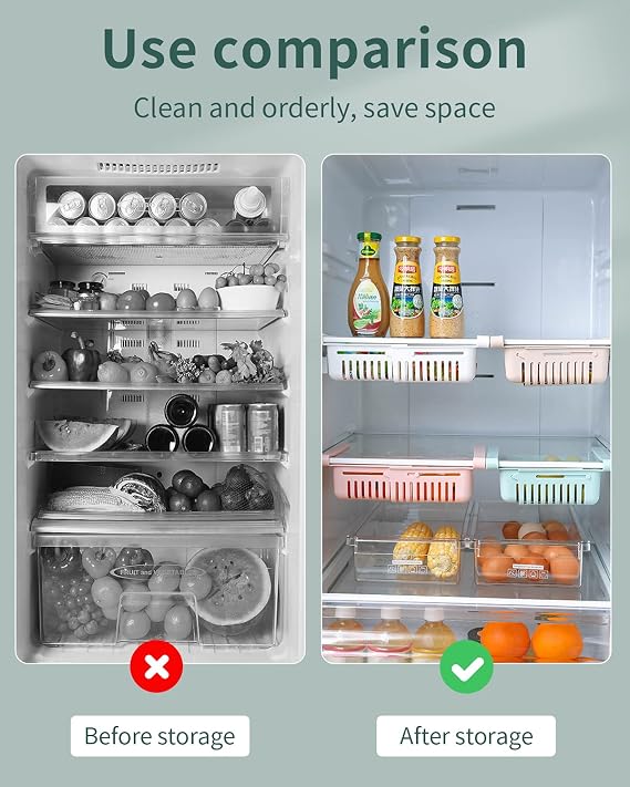 Retractable Drawer Organizer For Fridge, Refrigerator Storage Organizer Keep Tidy Shelf Organiser for Vegetables and Fruits (4 Pcs)