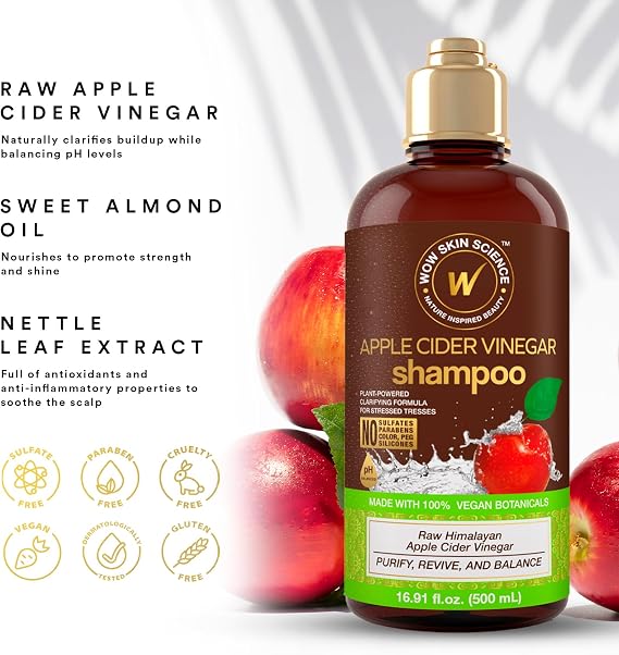 WOW Skin Science Apple Cider Vinegar Shampoo - Hair Growth Shampoo For Thinning Hair & Dandruff - Parabens & Sulfate Free (Brown, 16.9 Fl Oz)