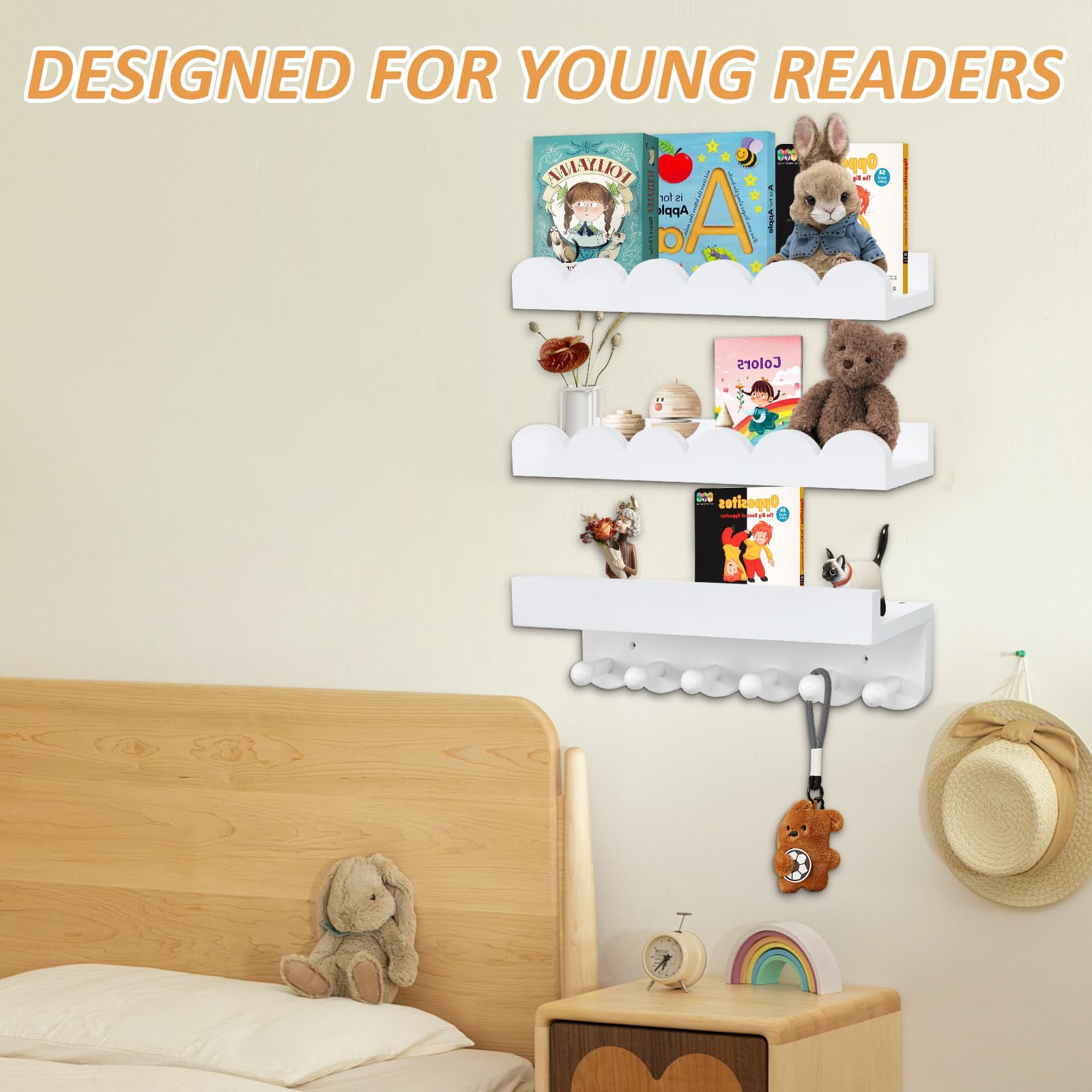 Rainmae Lot de 3 étagères murales festonnées pour chambre d'enfant avec crochets 40 cm