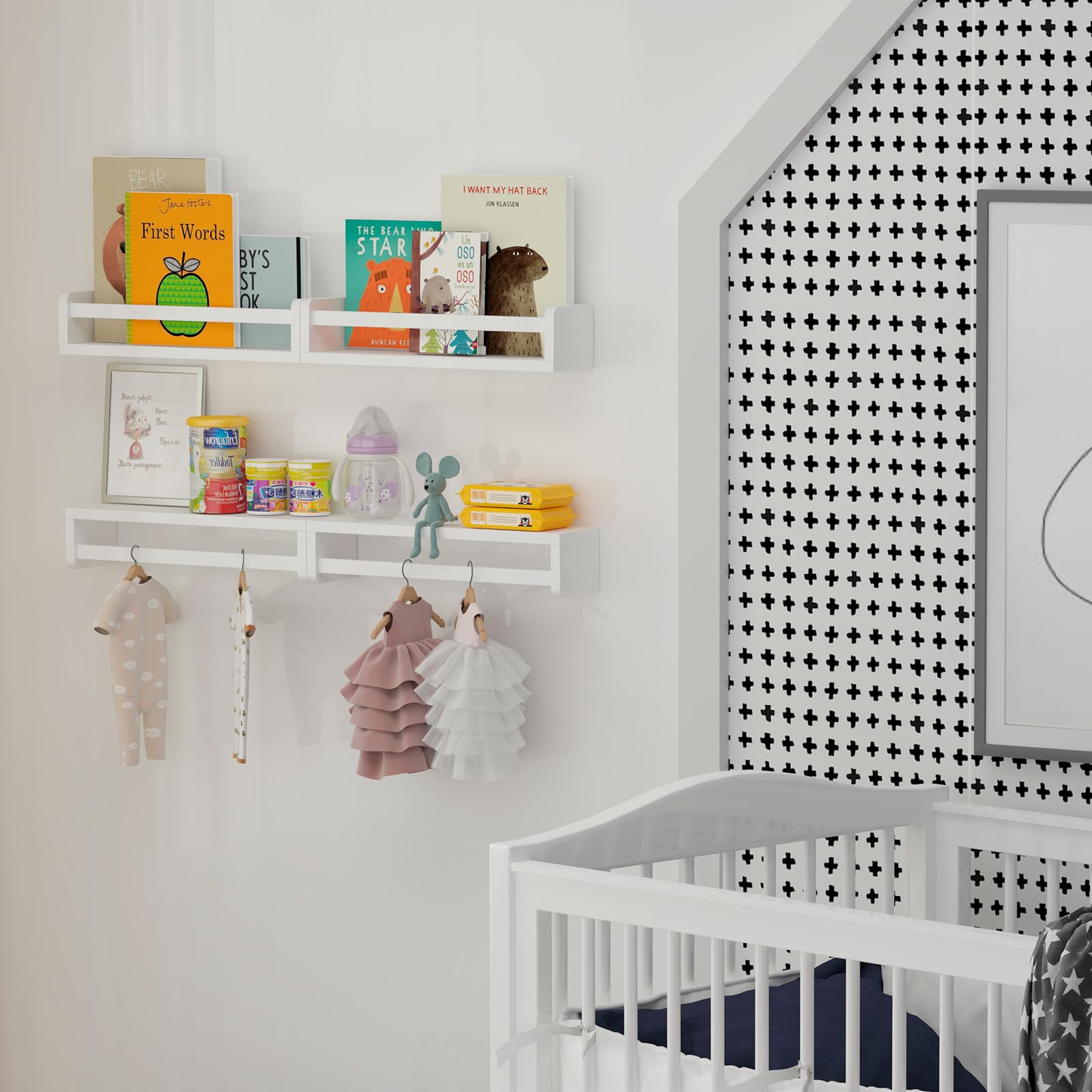 CRAZYMOTO Floating Shelves for Wall for 4, White Nursery Book Shelves, 15.7 inch Kids Bookshelf, Wall Shelves for Living Room Bedroom Decor,Kitchen Spice Rack,Bathroom Storage Rack(4 Pack)