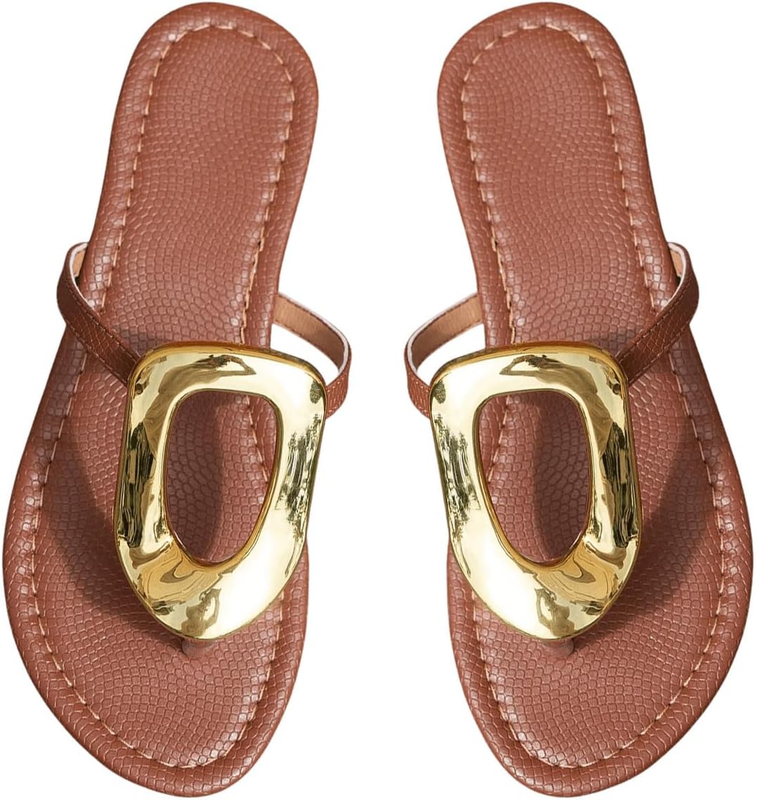 OYOANGLE Women's Metal Decor Flip Flop Thong Sandals Comfortable Slip on Flat Sandals