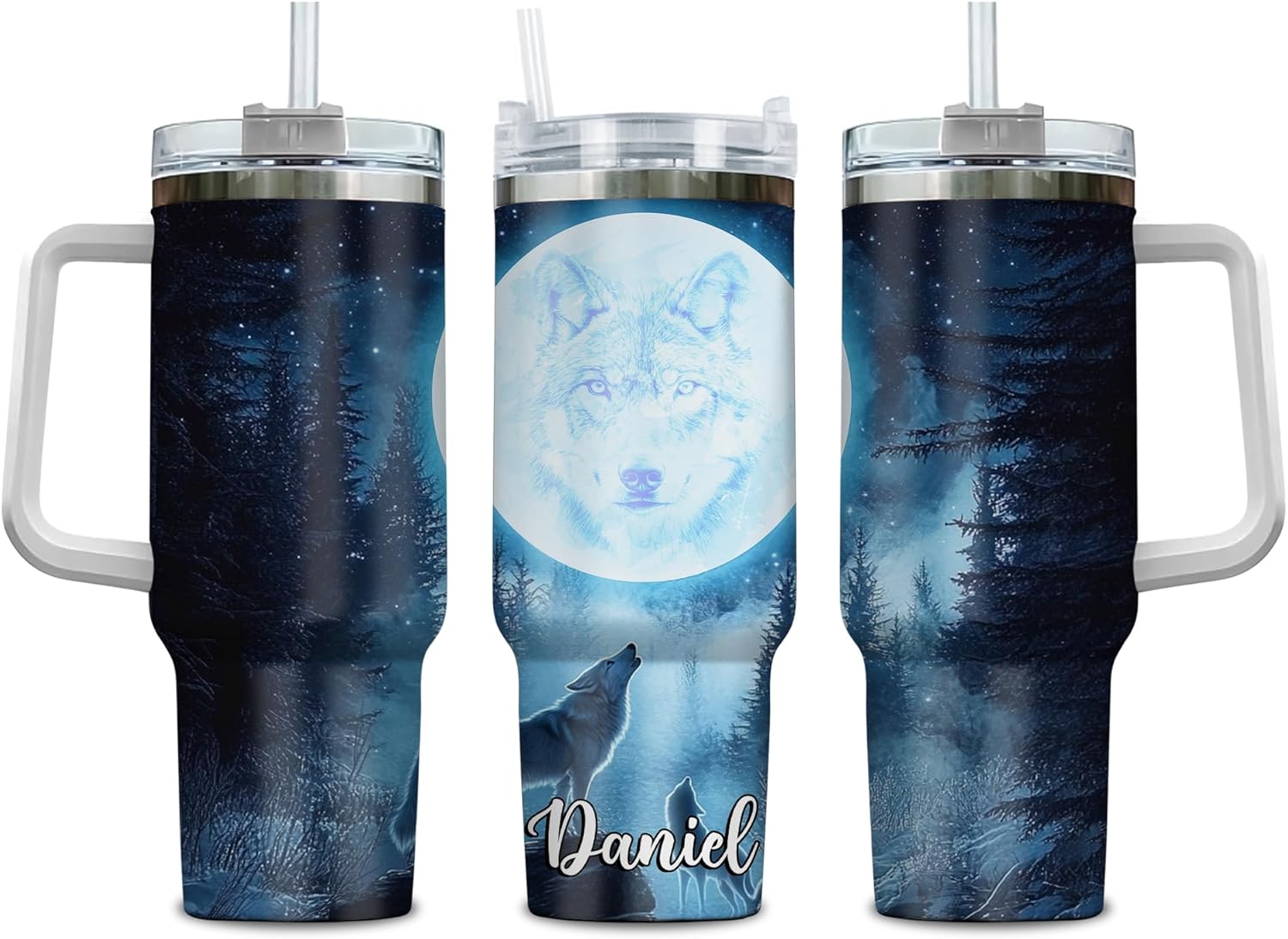 Personalized Wolf Native American 40oz Tumbler with Handle and Straw Gifts for Wolf Lovers, Father's Day Gifts For Men, Women, Birthday Gift, Custom Name Stainless Steel Travel Cup With Lid