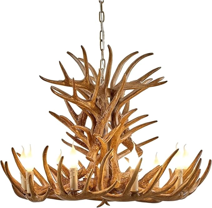 KLUFO Antler kroonluchter verlichting bruin gewei kroonluchter met 9 E12 lampen, vintage Amerikaanse hars gewei lamp voor restaurant kleding winkel woonkamer
