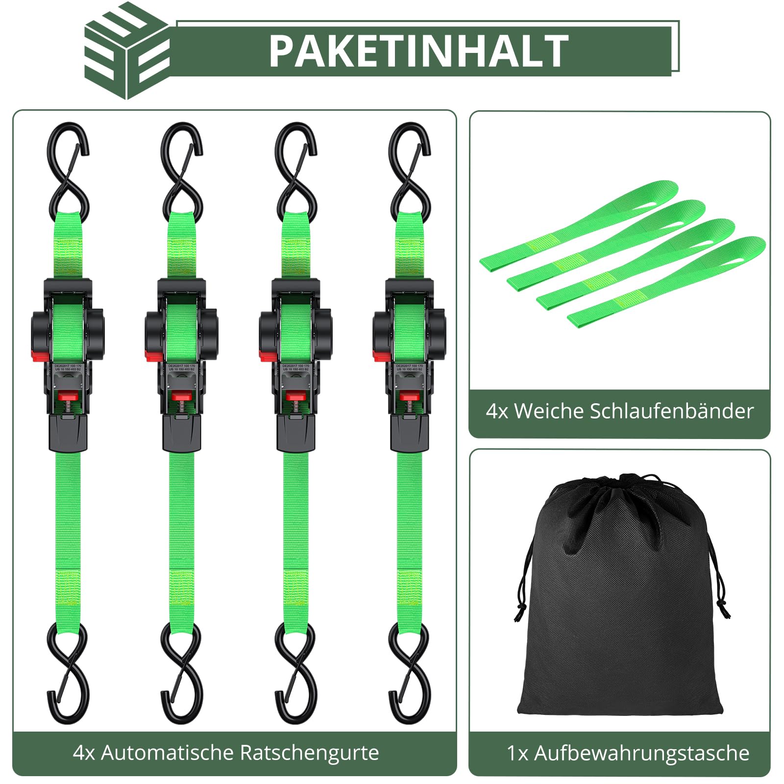 EYPINS 4X Automatik Spanngurt 3,5m 25mm mit S Haken 320kg/640kg, Verstellbare Ratschengurte, Selbstaufrollend Spanngurt mit Ratsche Spanngurtwickler mit 4x Zurrschlaufen 30cm für Pkw Anhänger Motorrad