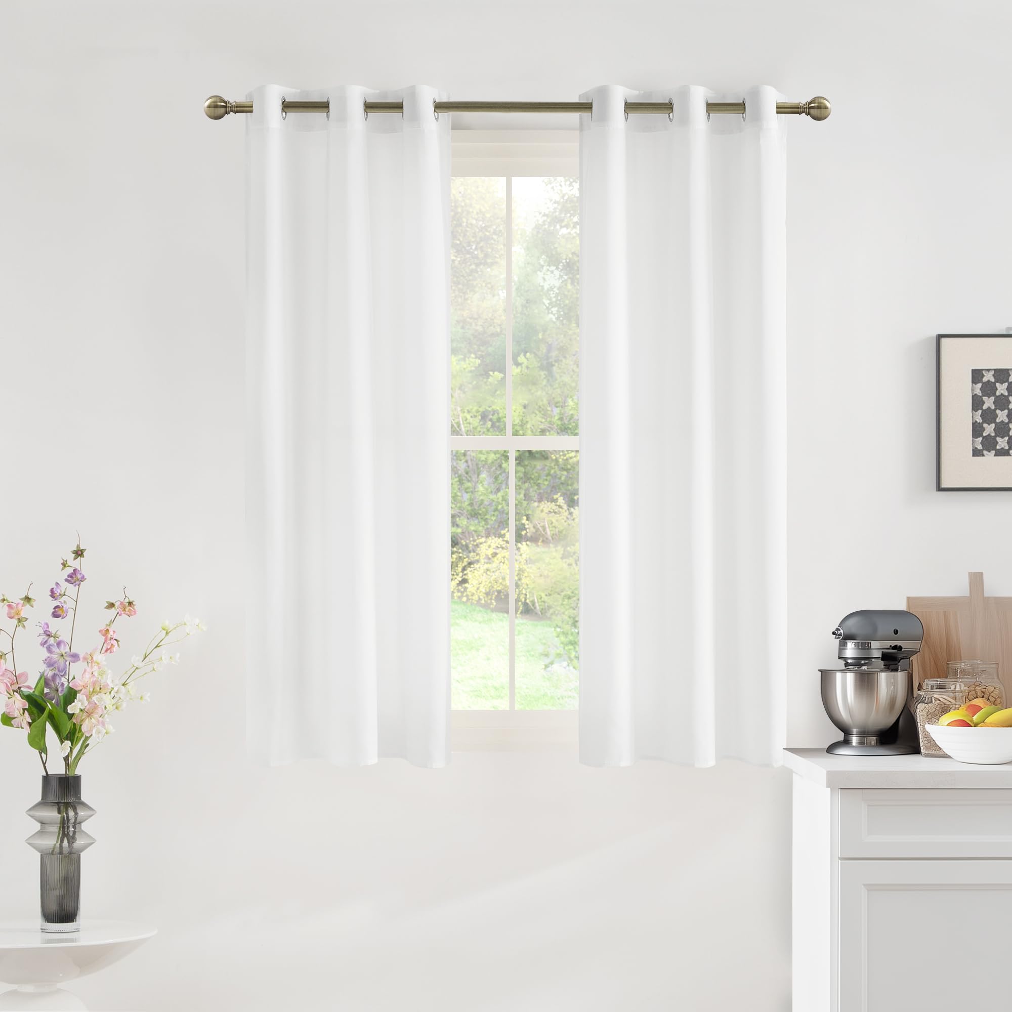 NICETOWN Non-See-Through White Sheer Curtains 63 inches Long 2 Panels, 42" Wide Grommet Window Curtains Drapes for Bathroom, Kitchen, Bedroom- Light Filtering Elegant Window Drapes