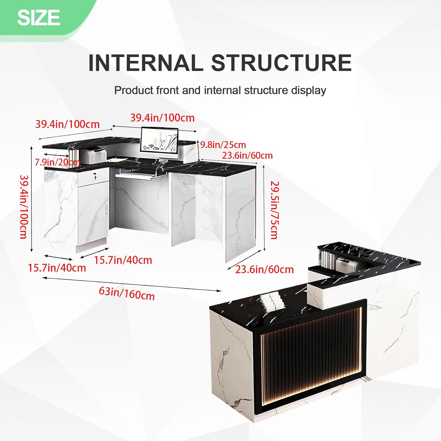 Reception Desk with Counter and Drawer L-Shaped Front Reception Table with Storage Office Receptionists Desk Salon Shop Retail Checkout Counter Black and White Left 63inch/160cm