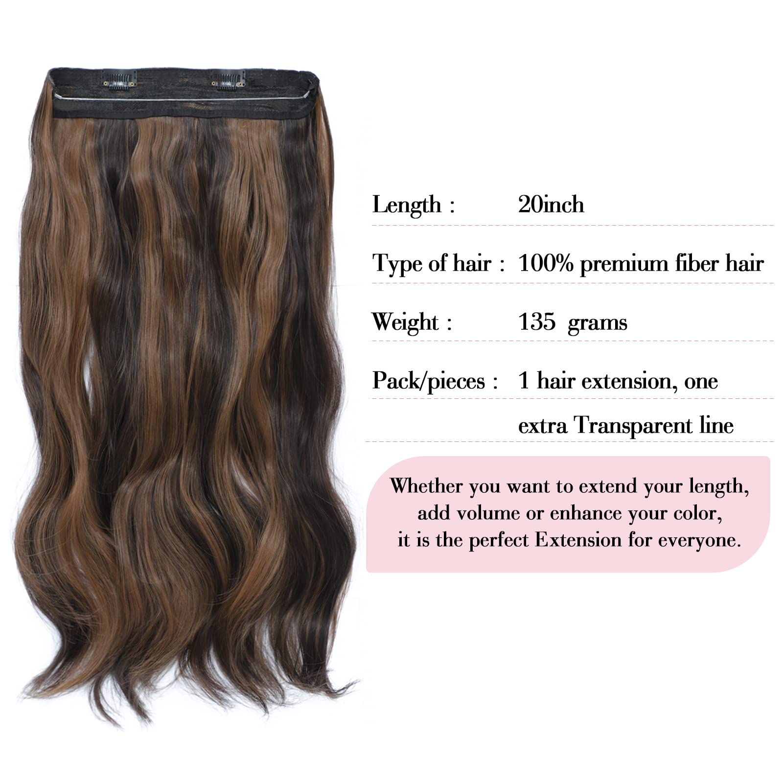 Invisible Hair Extensions 20 inch Wavy Hair Extension Synthetic Hair Pieces for Women Transparent Invisible Secret Wire Hair Extensions (Dark Brown with Auburn Brown Highlights) - Image 2
