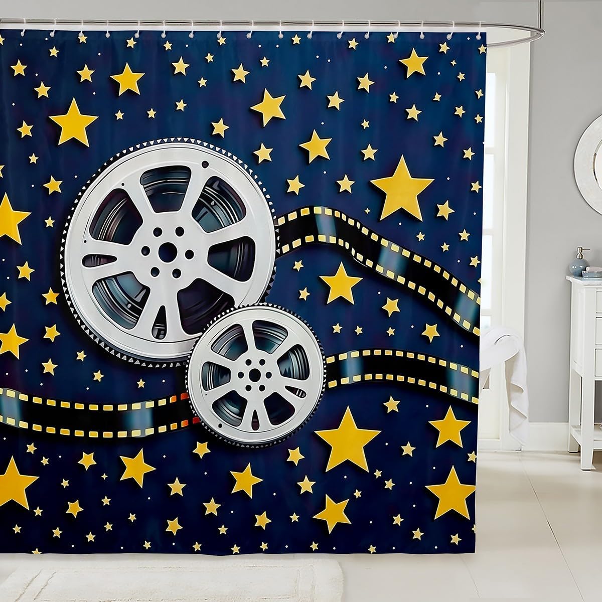 Homewish Movie Projector Waterproof Quick Dry Fabrics,Retro Film Theme Shower Curtain,70's Vintage Cinema Bathroom Curtain,Kids Teens Woman Men Gold Stars Print Bathtub Decor with 12 Hooks,72" Wx72 L