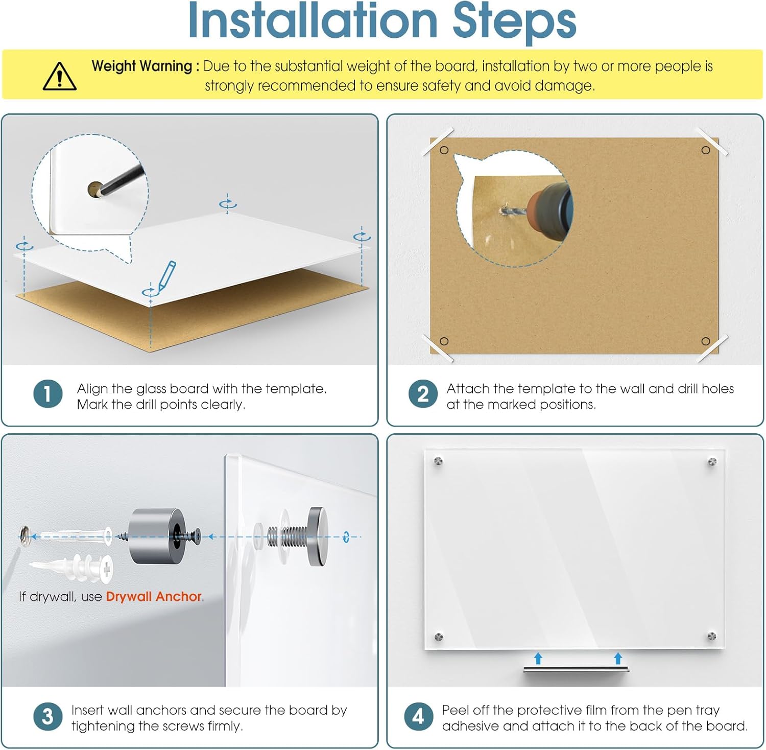 MaxGear Glass Whiteboard Wall Mounted, Frameless Magnetic Dry Erase Board, Tempered Glass, Steel-Backed, Non-Porous Smooth Surface, Floating Design, Accessories Included, for Office Home Classroom