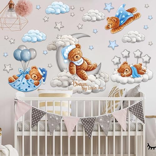 Miniatura 2 de Suplanet Decoración de pared de oso durmiendo en la luna y estrellas para habitación de bebé niño, calcomanías de pared Dream Big Little One,