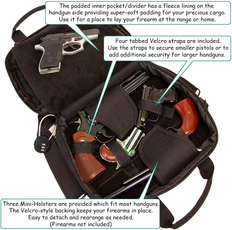Pistol Case Range Bag for Handguns by FirstChoice - 2 to 4 Gun Padded Tactical Handgun Shooting Soft Case, Lockable Zippers w/Padlock, 3 Mini-Holsters, 8 Mag Slots, 4 Pockets, Range Mat (Black) : Sports & Outdoors