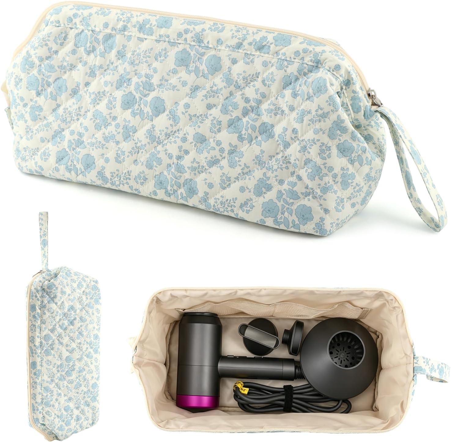 Large Quilted Hair Tools Travel Bag, Floral Pattern