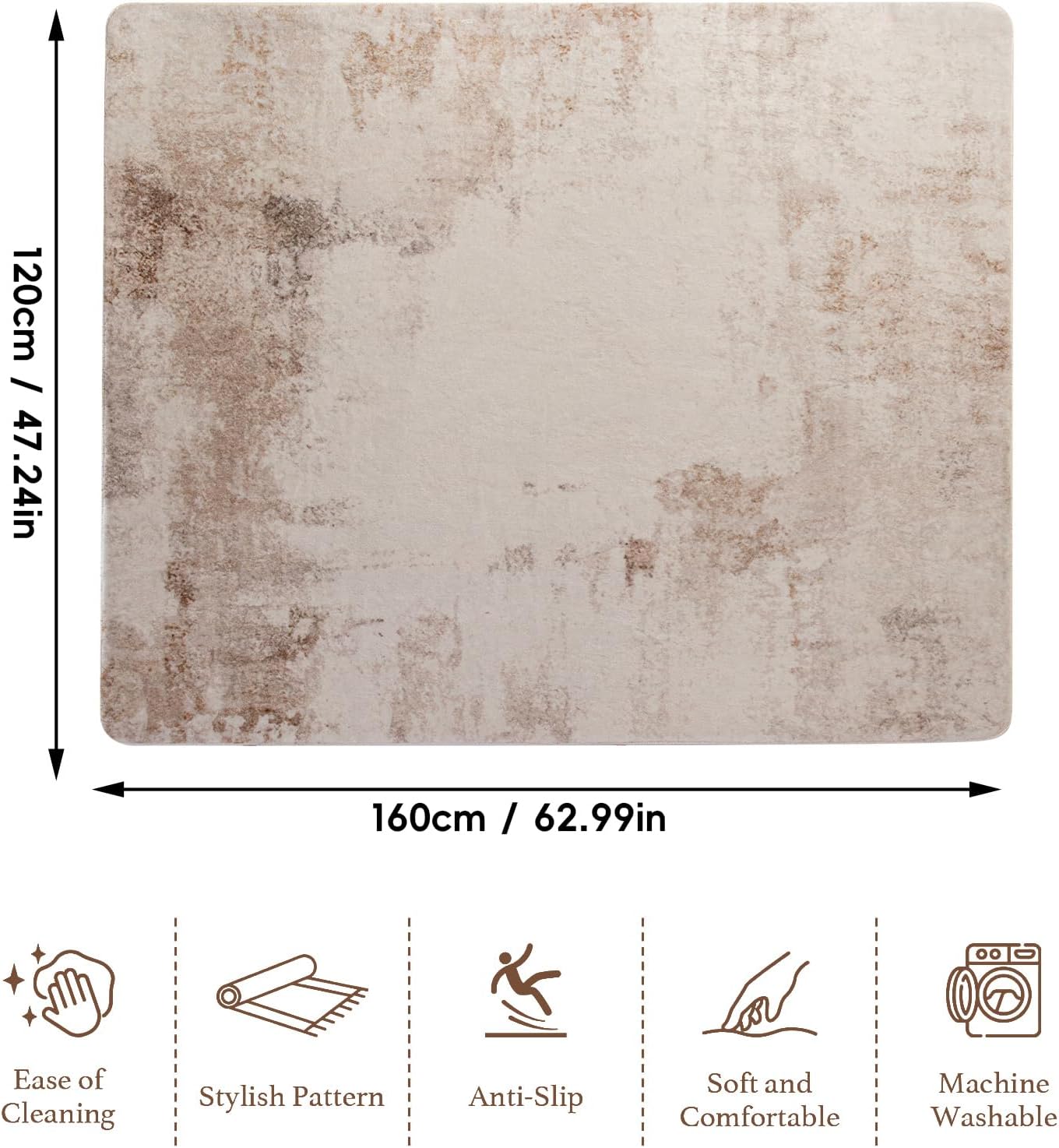 Vintage Texture Area Rug, Machine Washable, Anti-Slip, Stain Resistant, Soft Plush Floor Carpet for Living Room, Bedroom, Office(Brown, 120 * 160CM)