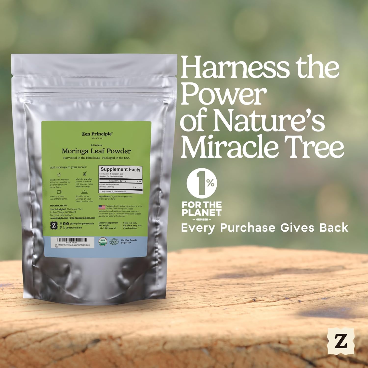 Zen Principle 1 lb. Premium Organic Moringa Oleifera Leaf Powder. USDA Certified Organic. - Image 2