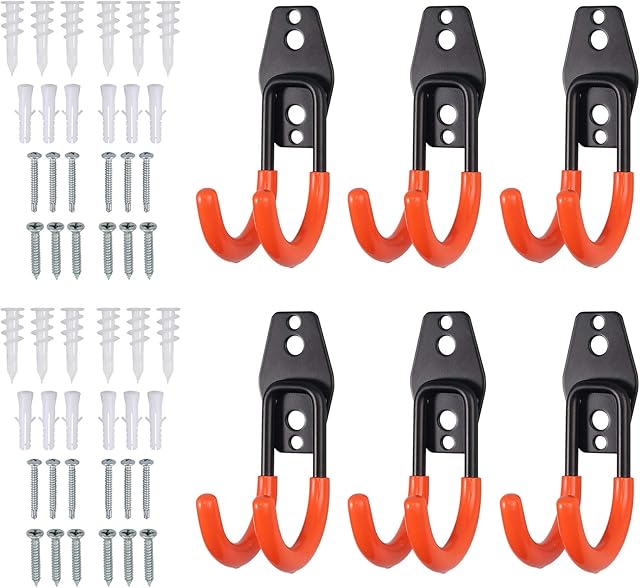 Proster Heavy Duty Garage Hooks 6 PCS Garage Storage Double Hooks Storage Utility Hooks Wall Mounted Hooks for Bulk Items Ropes Ladders Orange