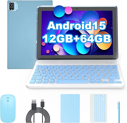 Tablet Android 15 de 10 polegadas, tablets 2 em 1 com capa de teclado, mouse Stylus, 12 GB de RAM, 64 GB, 1 TB de expansão, processador quad-core, tablet PC, 5G WiFi6, BT5.0, 6000mAh, tela IPS de 1280