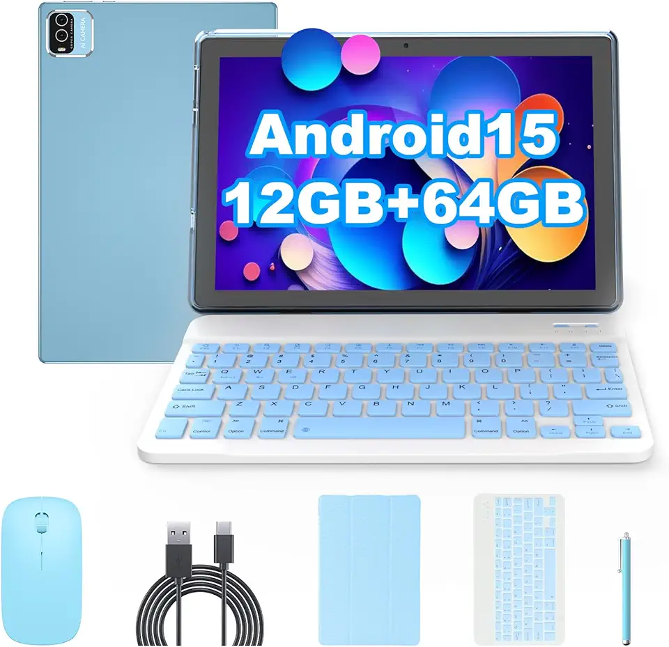 Tablet Android 15 de 10 polegadas, tablets 2 em 1 com capa de teclado, mouse Stylus, 12 GB de RAM, 64 GB, 1 TB de expansão, processador quad-core, tablet PC, 5G WiFi6, BT5.0, 6000mAh, tela IPS de 1280