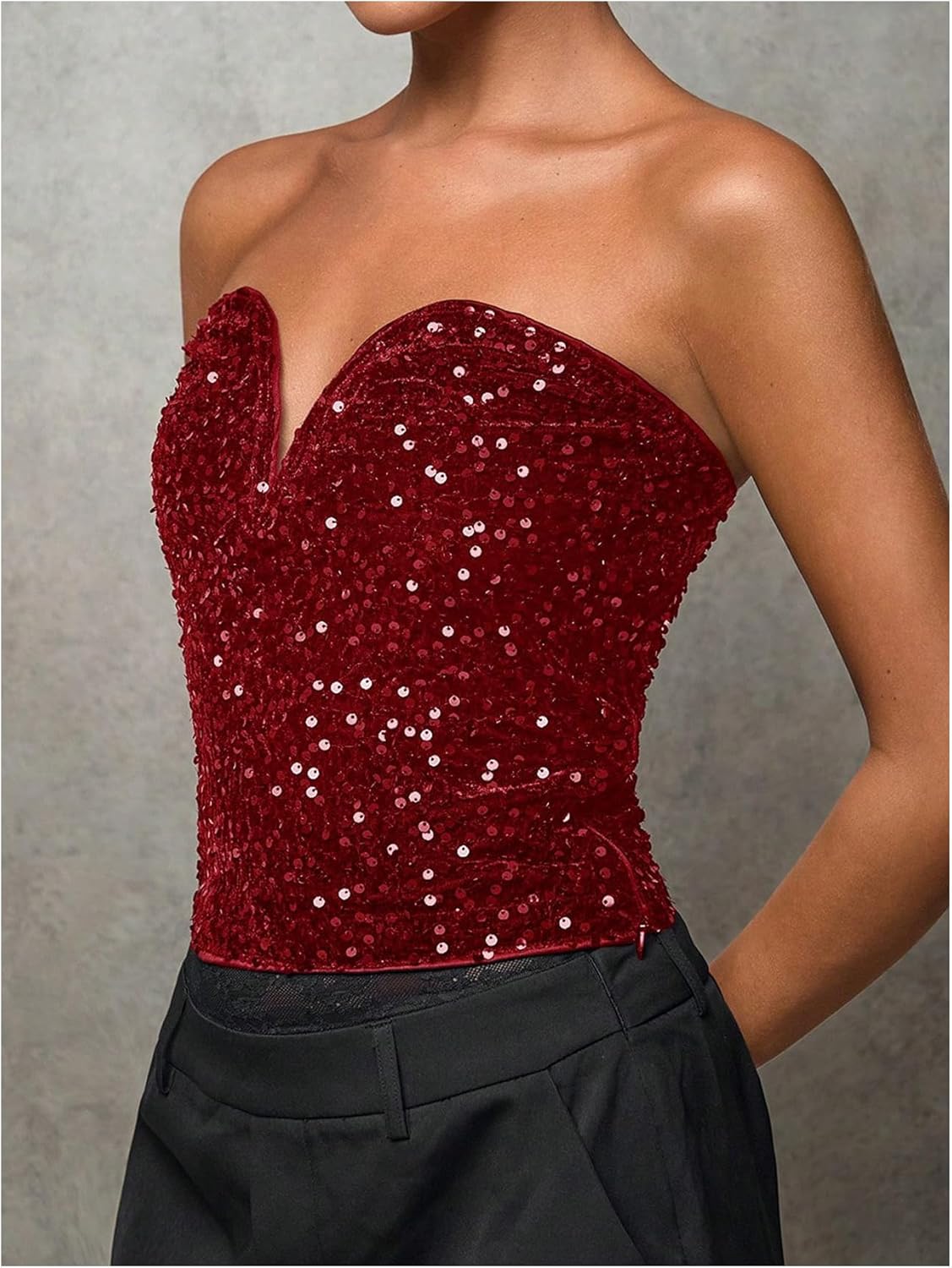 SweatyRocks Women's Sequin Tube Tops Sparkly Open Back Strapless Going Out Party Club Top Red Small - Image 4