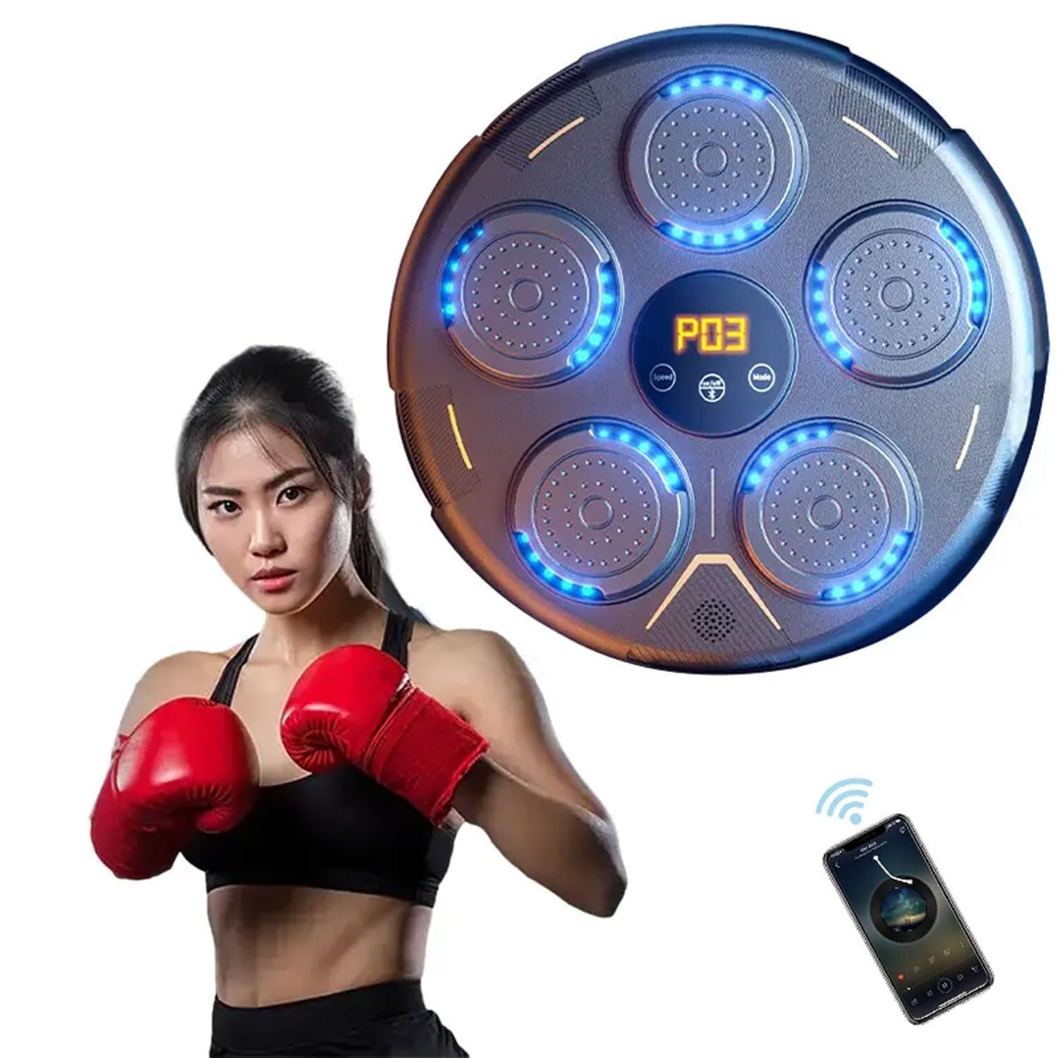 Máquina de boxeo de música electrónica, objetivo de entrenamiento musical Bluetooth inteligente, ajuste de 9 niveles Entrenador de reacción de conteo inteligente, objetivo de pared con luz rítmica for