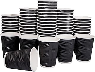 U-QE 100 PCS 12 oz Disposable Coffee Cups, Black Paper Coffee Cups with Ripple Wall, Insulated Disposable Paper Cups for Coffee/Hot Chocolate Drinks, Hot Coffee Cups Perfect for Home, Office and Cafes