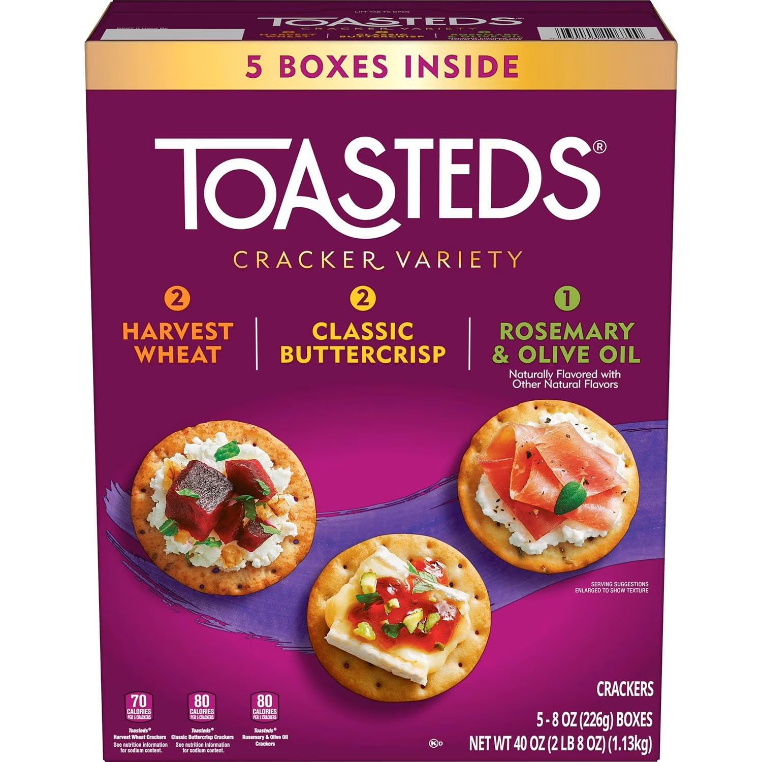 Toasteds Galletas Cracker Variety Pack, 5 Cajas, 40 oz
