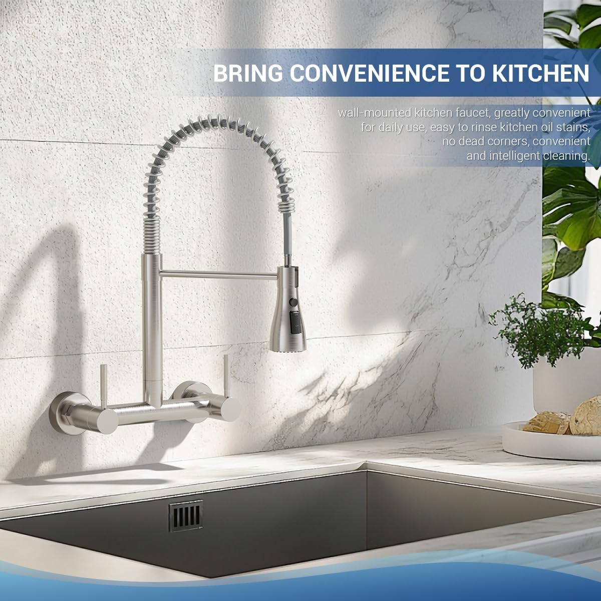 Wall Mount Kitchen Faucet with Pull Down Sprayer 3 Functions, 304 Stainless Steel Wall Mount Faucet 8 Inch Center, 2 Handle Kitchen Sink Faucet High Arc 360° Swivel, Brushed Nickel