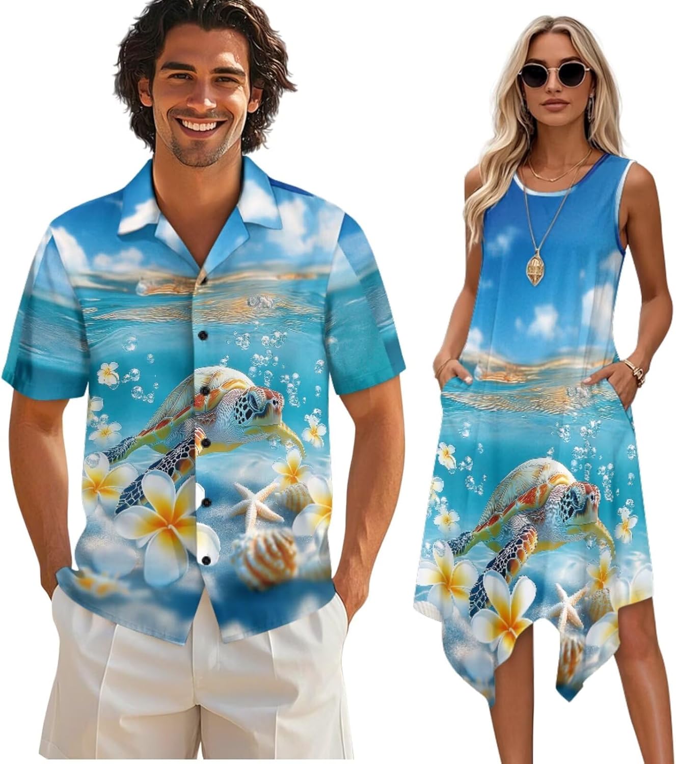 TOADDITDO Sleeveless Sundresses for Women Summer Flowy Midi Dress and Mens Button Down Shirts Matching Couples Outfits