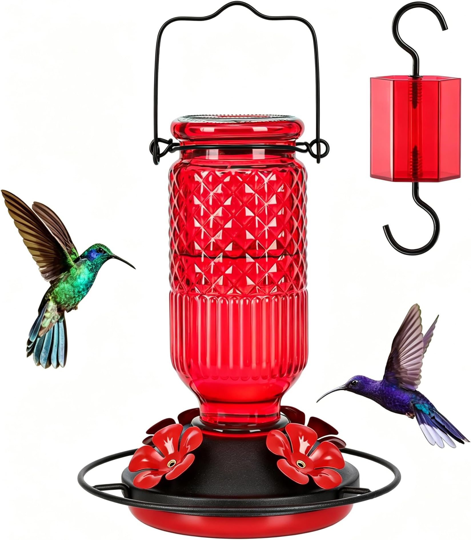 Glass Hummingbird Feeder for Outdoors Hanging, 16 oz Leak-Proof Nectar Feeder with Bee Guards & Ant Moat, 4 Metal Flower Feeding Ports, 360° Perch Ring, Easy Refill & Clean, Red