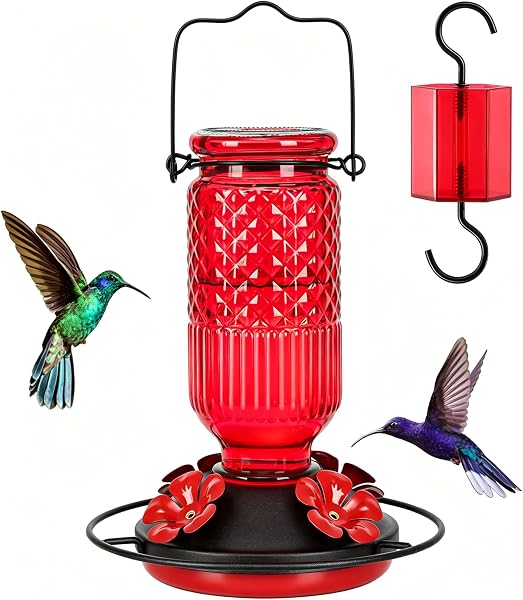 FEED GARDEN Glass Hummingbird Feeder for Outdoors Hanging, 16 Oz Leak-Proof…
