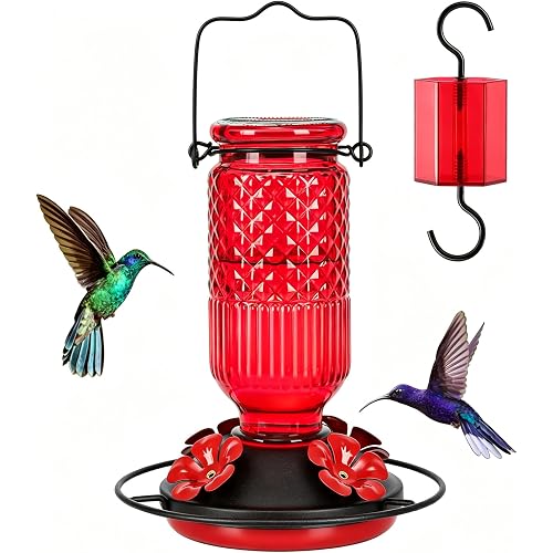 FEED GARDEN Glass Hummingbird Feeder for Outdoors Hanging, 16 OZ Humming Birds Feeders with 4 Bee Guard Feeding Ports & Built-in Ant Moat, Bird Feeder for Outside, Gifts for Women Mom, Red