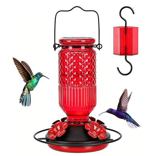 FEED GARDEN Glass Hummingbird Feeder for Outdoors Hanging, 16 oz Leak-Proof Nectar Feeder with Bee Guards & Ant Moat, 4 Metal Flower Feeding Ports, 360° Perch Ring, Easy Refill & Clean, Red
