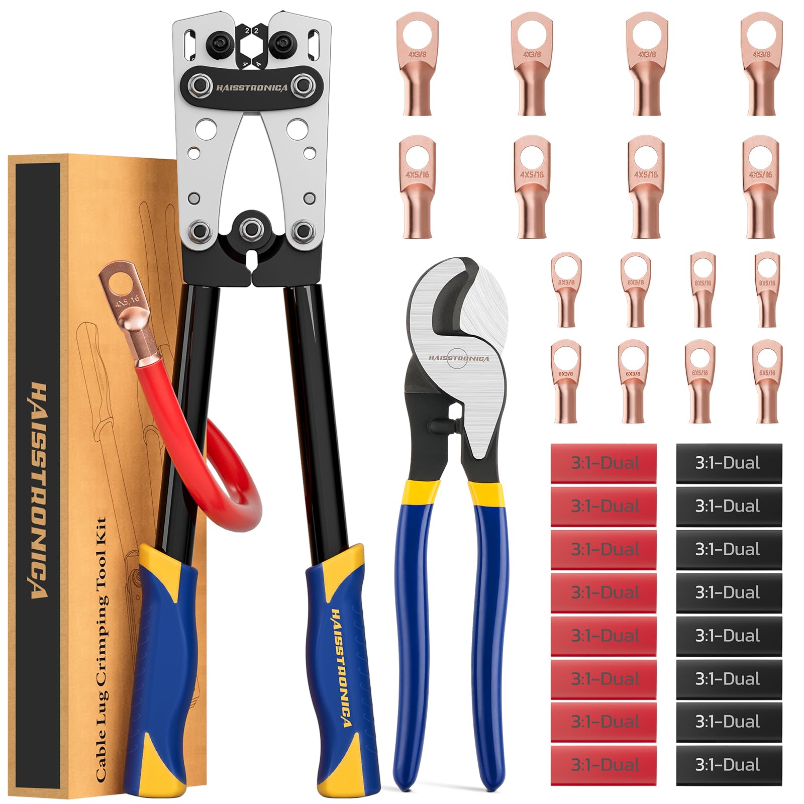 haisstronica Heavy Duty Battery Cable Crimping Tool Kit-Ratchet Hex Extended Handle Crimper for 8,6,4,2,1,1/0 AWG Copper Lugs with Cable Cutter, 32PCS