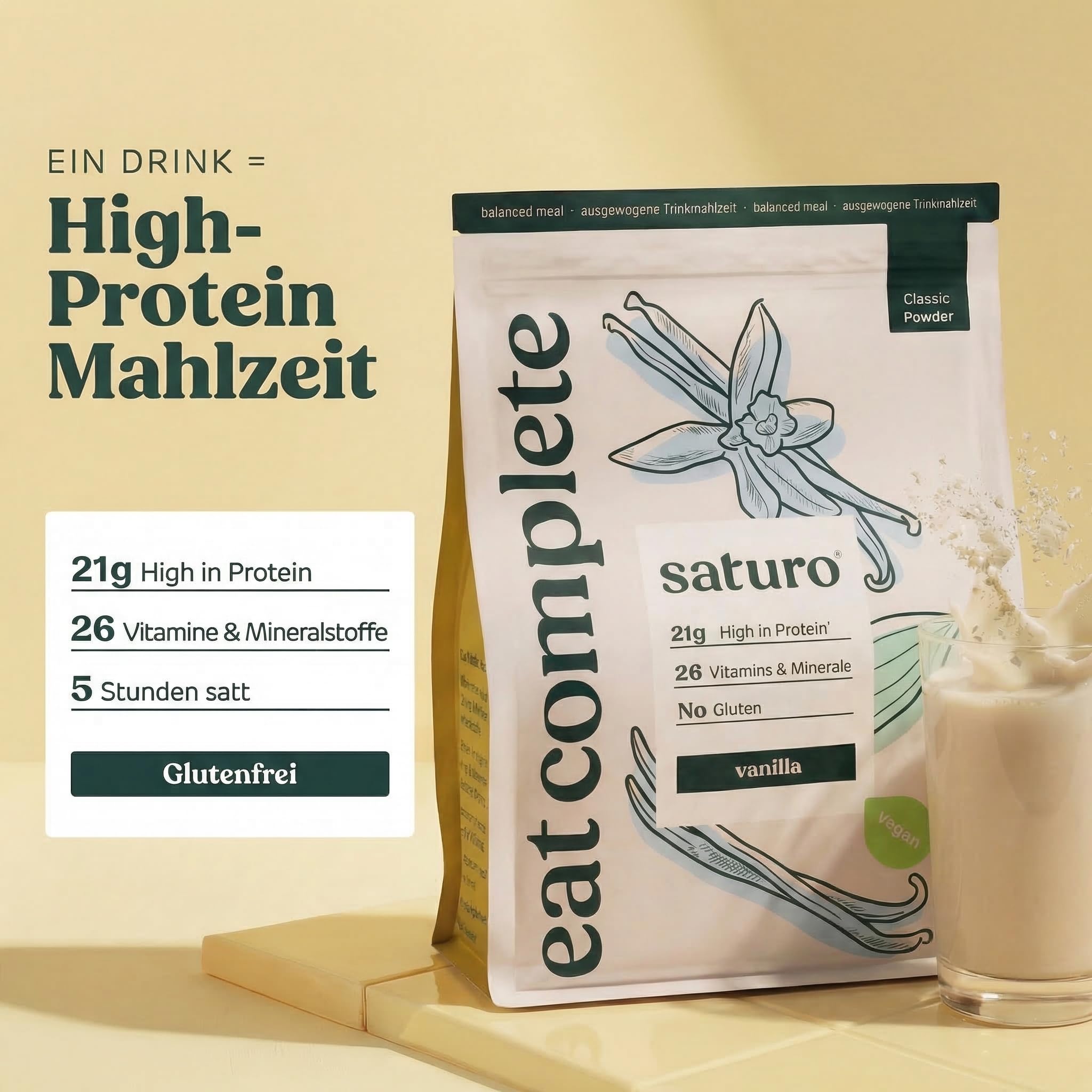 Saturo Mahlzeitersatz Shake Vanille | Proteinpulver Mit 21g Vegan Protein & 26 Wertvollen Nährstoffen | 1,43kg