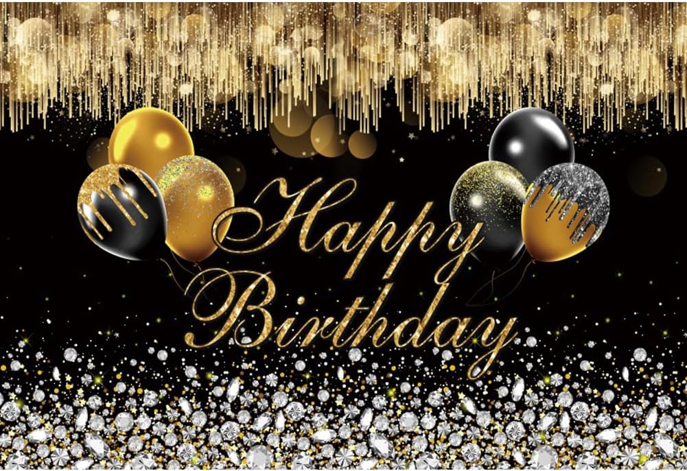 Happy Birthday Backdrop - 10x8ft Black and Gold Shining Photo Booth Background for Adults, Women, Girls and Kids