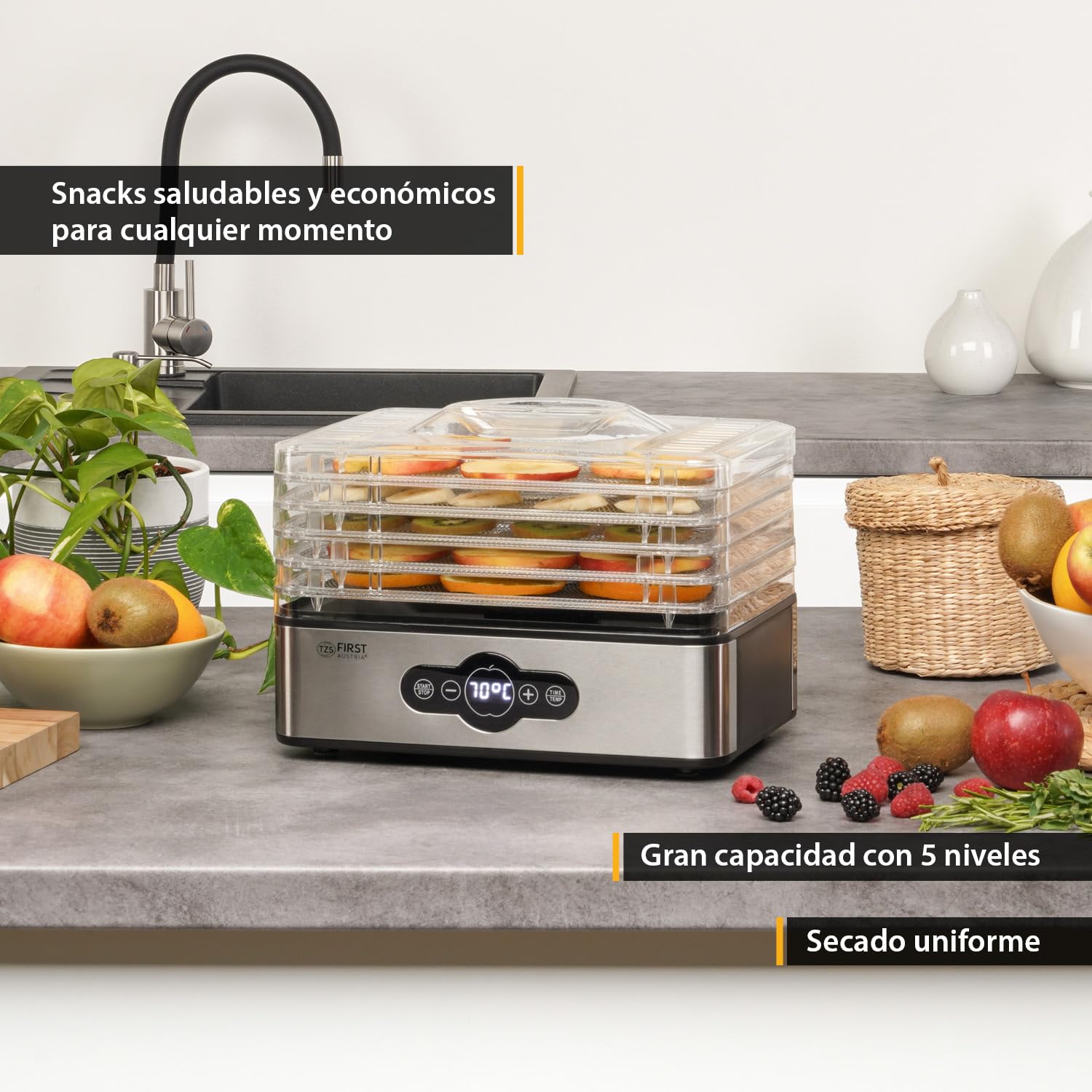 TZS First Austria Deshidratador digital para frutas, hierbas, setas y carne, 5 niveles acero inoxidable, temporizador y regulador temperatura 35-70°C