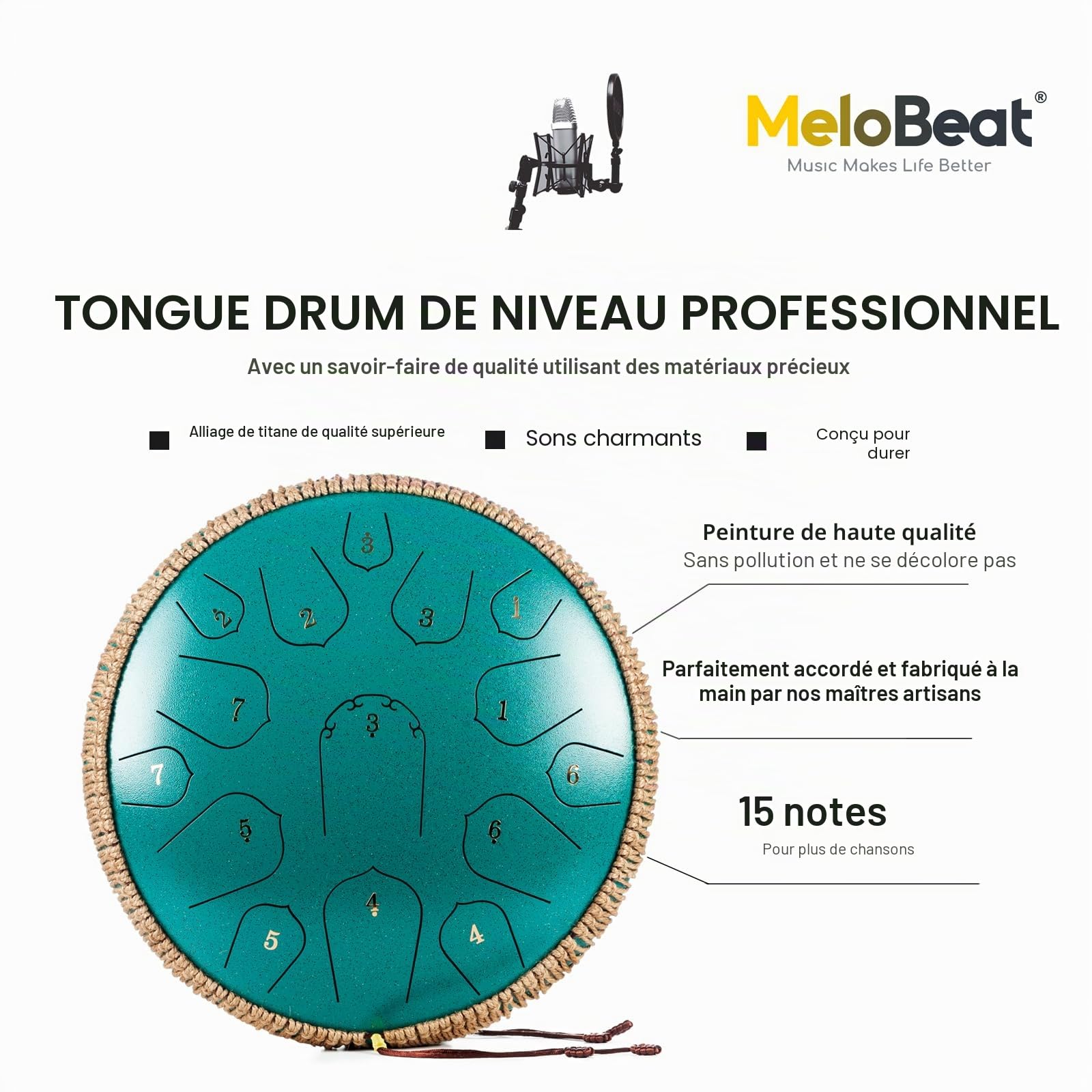 MeloBeat Tongue Drum Handpan - Tambour à Langue 14 Pouces 15 Notes - Ensemble Professionnel de Tambour a Langue en Acier en Ré Majeur Inclus Livre de Chansons de Tambour à Langue, D key (Vert)