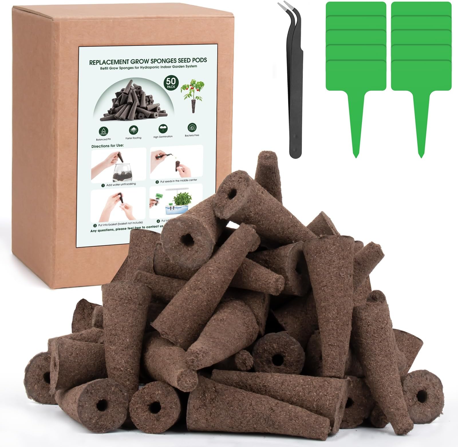 Maromalife 50 Pack Grow Sponges for Hydroponics, Replacement Root Growth Sponges Seed Starter Pods Compatible with AeroGarden, Refill Pods for Hydroponic Indoor Garden System with 10 Tags 1 Tweezer