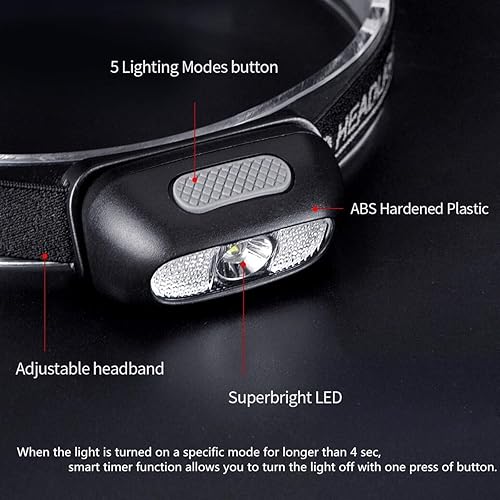 Miniatura 4 de Paquete de 3 faros recargables, lámpara de cabeza ultra brillante de 500 lúmenes, 5 modos de iluminación con luz roja, IPX4 impermeable con correa