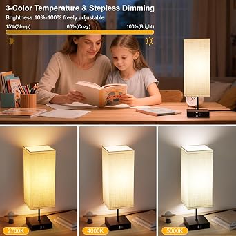 Bedside Lamps Set of 2, Table lamp for Living Room Bedroom, Touch Lamps with USB A+C Charging Ports, Dimmable Small Nightstand Lamp with Fabric Shade for Kids Room, Study, Dorm(Bulb Included)