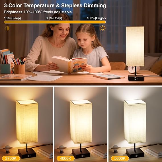 Bedside Lamps Set of 2, Table lamp for Living Room Bedroom, Touch Lamps with USB A+C Charging Ports, Dimmable Small Nightstand Lamp with Fabric Shade for Kids Room, Study, Dorm(Bulb Included)