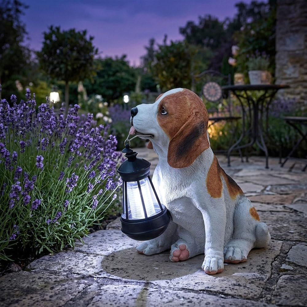 Solarleuchte Hund Garten Solar Dekoleuchte Solarlampe für Außen, Beagel mit Laterne, Akku, 1x LED, LxBxH 18x24,2x26 cm Beleuchtung