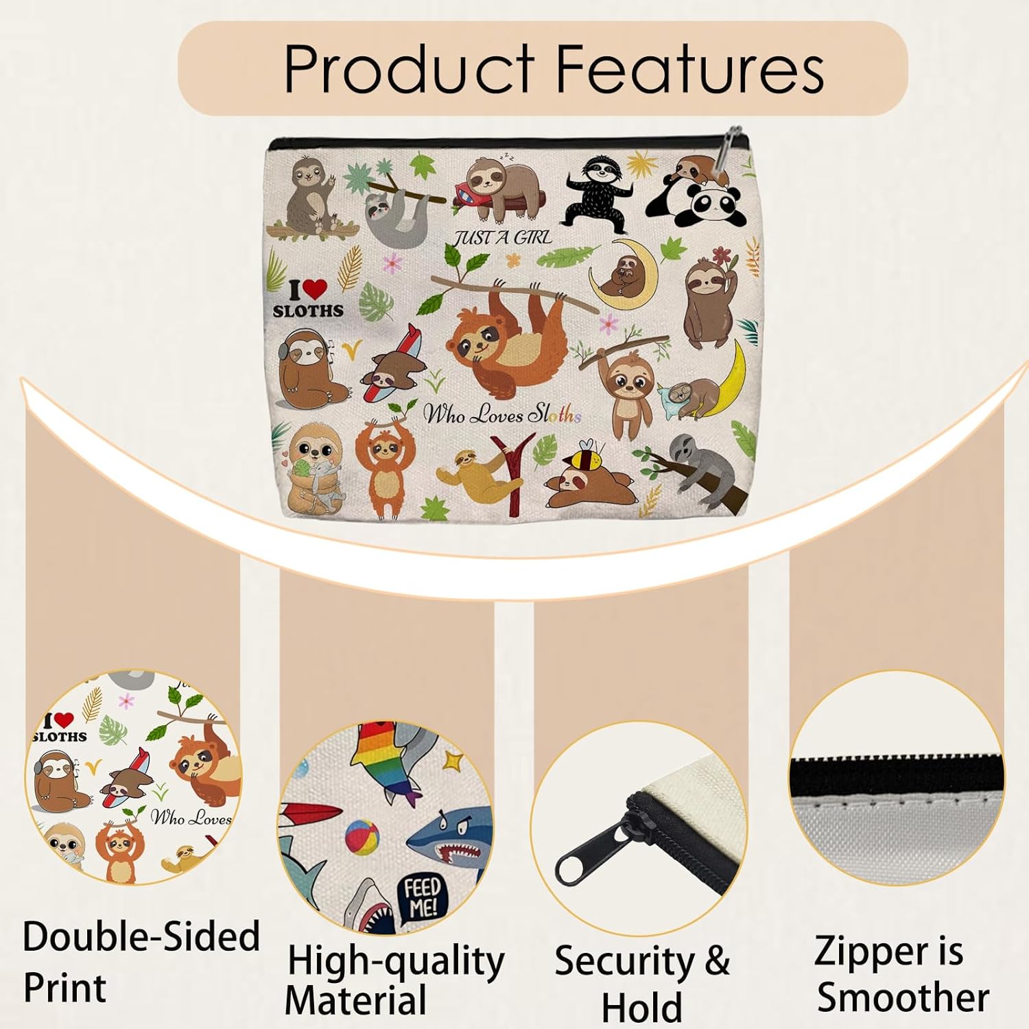 Sloth Makeup Bag for Women - Lightweight Travel Pouch with Lining, High-definition, Double-Sided Printed, Funny Sloth Gift Bags for Birthday & Christmas Gifts - Image 5