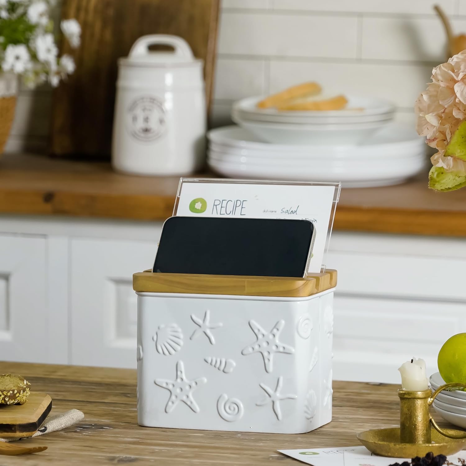 Recipe Box with Cards and Dividers Set 4x6 Recipe Holder for Kitchen Counter Metal White Starfish Pattern Embossed Recipe Card Box with Wooden Grooved Lid