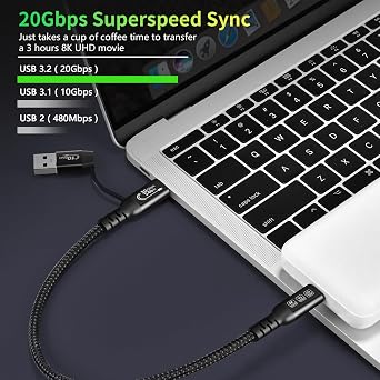 YIWENTEC USB C 240W USBC 3.2 Gen2 Cable 20Gbps Data 4K @ 60Hz Video Output USB A/C to USB-C Quick Charge (0.5M)