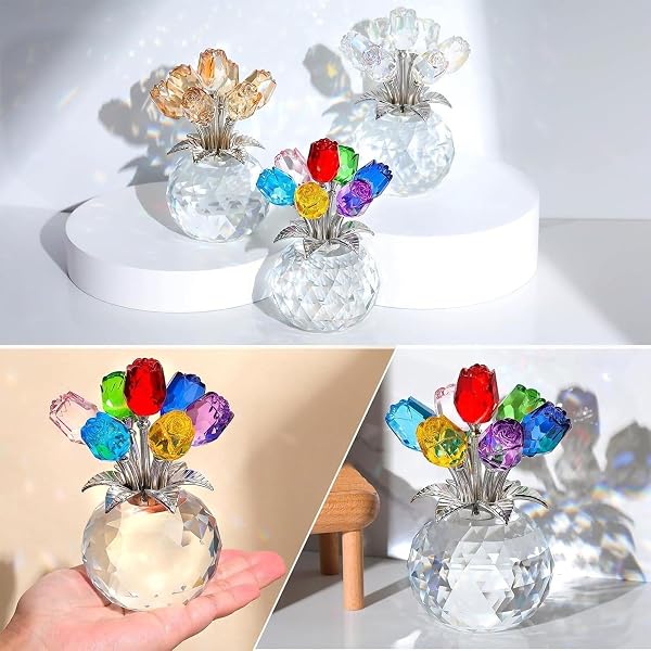 Crystal Figurines Collectibles,Romantic Colorful Rose Statue | Crystal Flower Figurines Table Decor - for Wife Girlfriend Women Valentines Wedding Birthday Holiday Party - 5