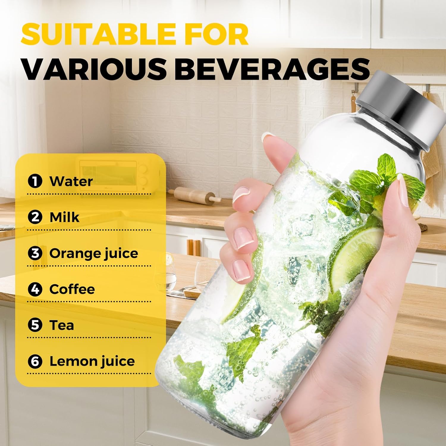 Jarsoph Set of 6 Clear Glass Water Bottles with Lid 26oz for Juicing Reusable Bottle Glass Cup with Stainless Steel for Juicing,Halloween Refrigerator 100% Leak Proof Drinking Jar, BPA Free